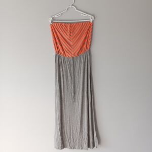 a.n.a. Sleeveless Maxi Sundress A-Line Stripes Drawstring Orange Grey Medium